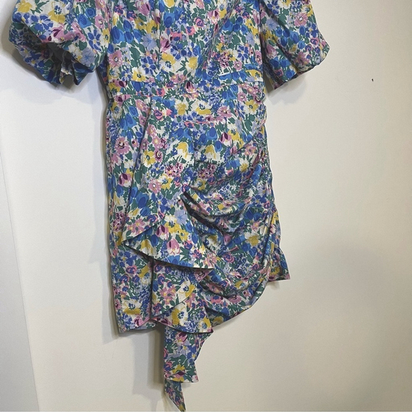 En Saison Floral Mini Dress Puffed Statement Sleeve Ruching Ruffle Cotton Small - Picture 8 of 13